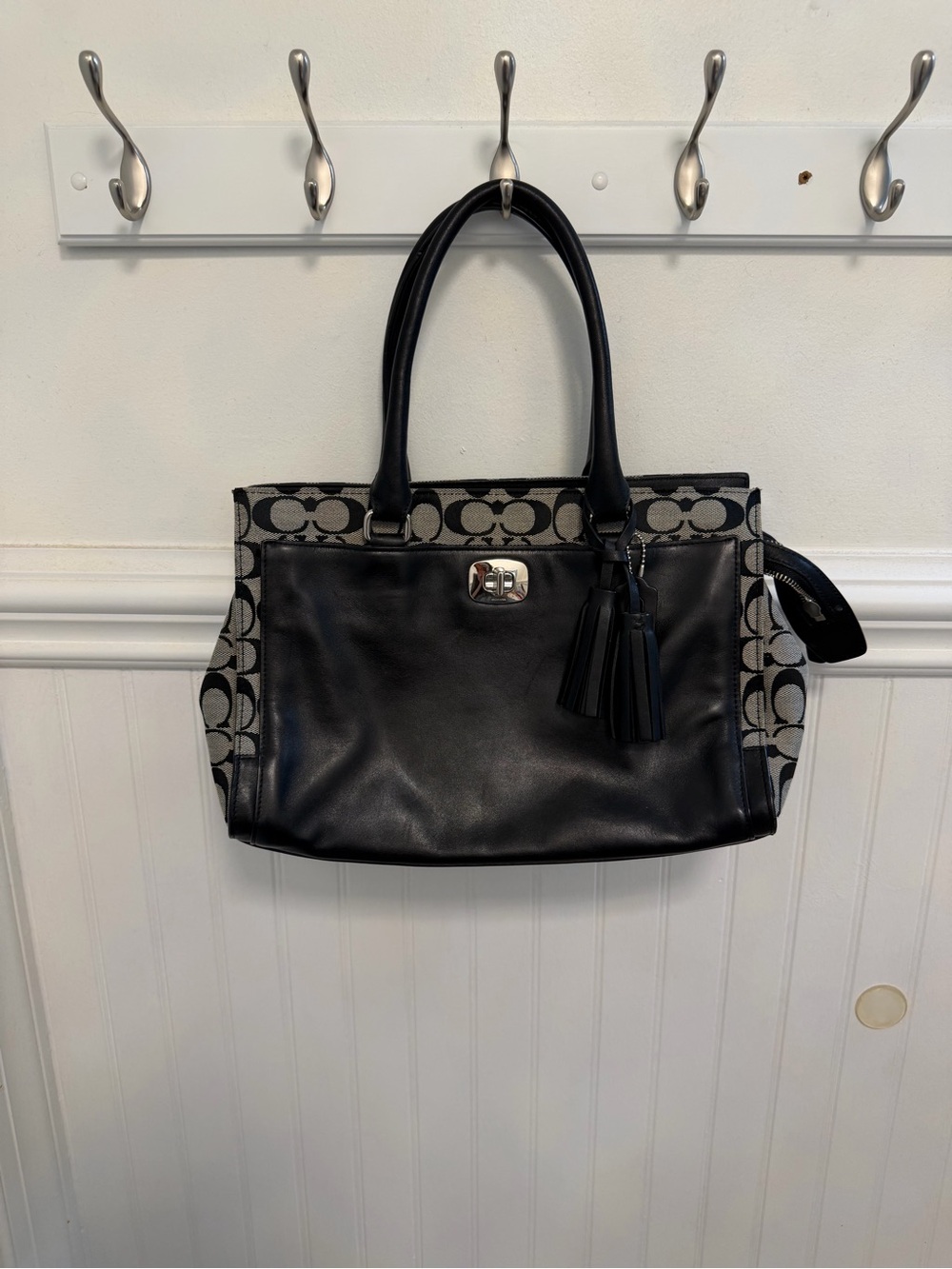 Y2K Coach Black Leather & Signature Canvas Tote with Tassel